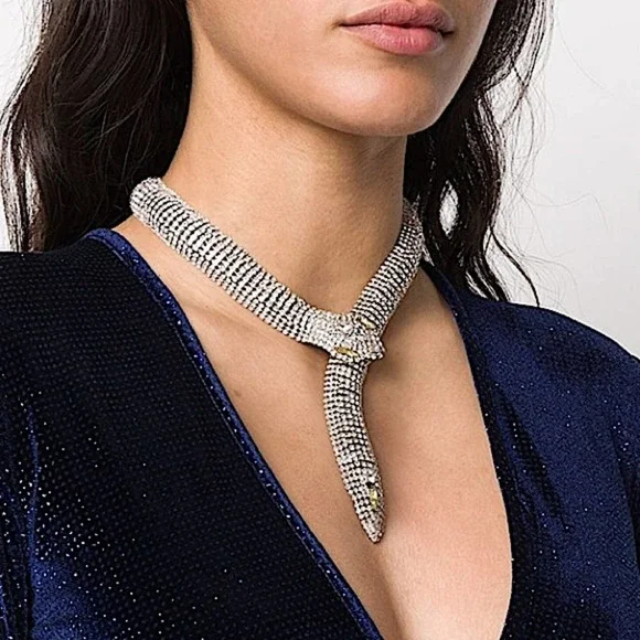 Vintage Glamorous White Gold Plated Crystal Cubic Zircon Snake Viper Necklace - Picture 2 of 8